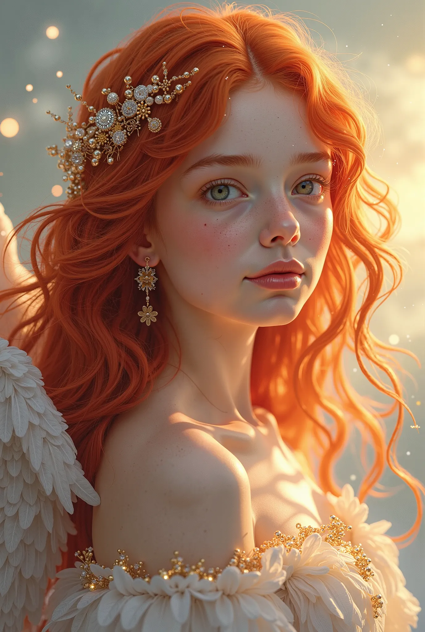 Create a detailed portrait of a girl with striking red hair, embodying angelic features.She should have soft, ethereal facial characteristics, including large, expressive eyes and a gentle smile.Her hair should flow elegantly, resembling cascading flames, ...