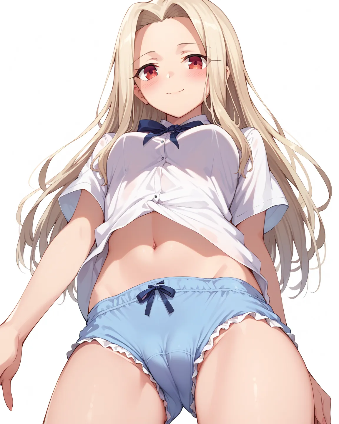 simple background, 1girl, irisviel von einzbern, red eyes, blonde hair, blush, smile, closed mouth, navel, white shirt, training wear, blue bloomers, camel toe, from below, アイリ,