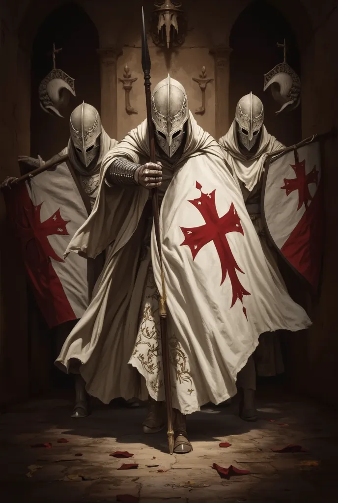 **Prompt:** Create a hyper-realistic panoramic wide-angle image of a medieval European landscape featuring a symmetrical composition at its center. The scene depicts an orderly formation of Templar Crusaders, distinguished by their white cloaks adorned wit...