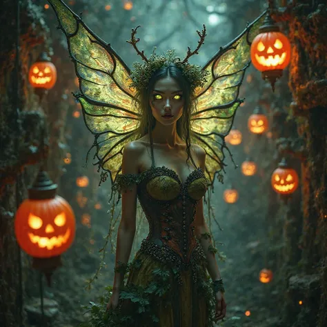 A supernatural carnival-themed fairy with an eerie, whimsical aura. Framed in a close shot, she hovers amidst flickering jack-o'-lantern lights and swirling mist, her translucent wings shimmering like stained glass. Her outfit combines tattered lace, glowi...