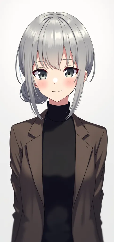 Anime 2d, Girl, light grey hair. Small white eyeballs, black irises, black turtleneck, dark brown jacket, tall, gentle smile, Low bun, Cool face, age around 23