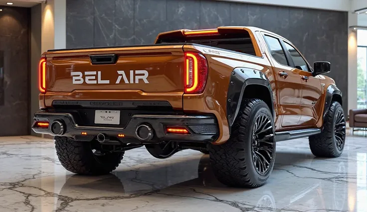 Create an ultra-detailed 3D render of a futuristic luxury hybrid pickup truck designed for 2035, showcasing a bold and aerodynamic front  bumper design. The truck’s back bumper features sleek LED tail lights integrated seamlessly into the design, with the ...