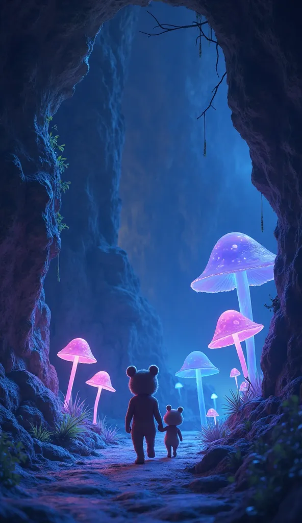 "Juno and the baby bear walk deeper into the cave, following a path lit by magical glowing mushrooms in soft blue and purple hues. The cave walls have a gentle shimmer, reflecting the glow. The baby bear follows closely behind Juno, looking hopeful. The ca...