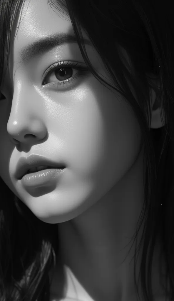 masterpiece,best quality,extremely detailed,hyperrealistic,photorealistic,8k,ultra highres,black and white,extreme close-up shot,short lighting,rim light