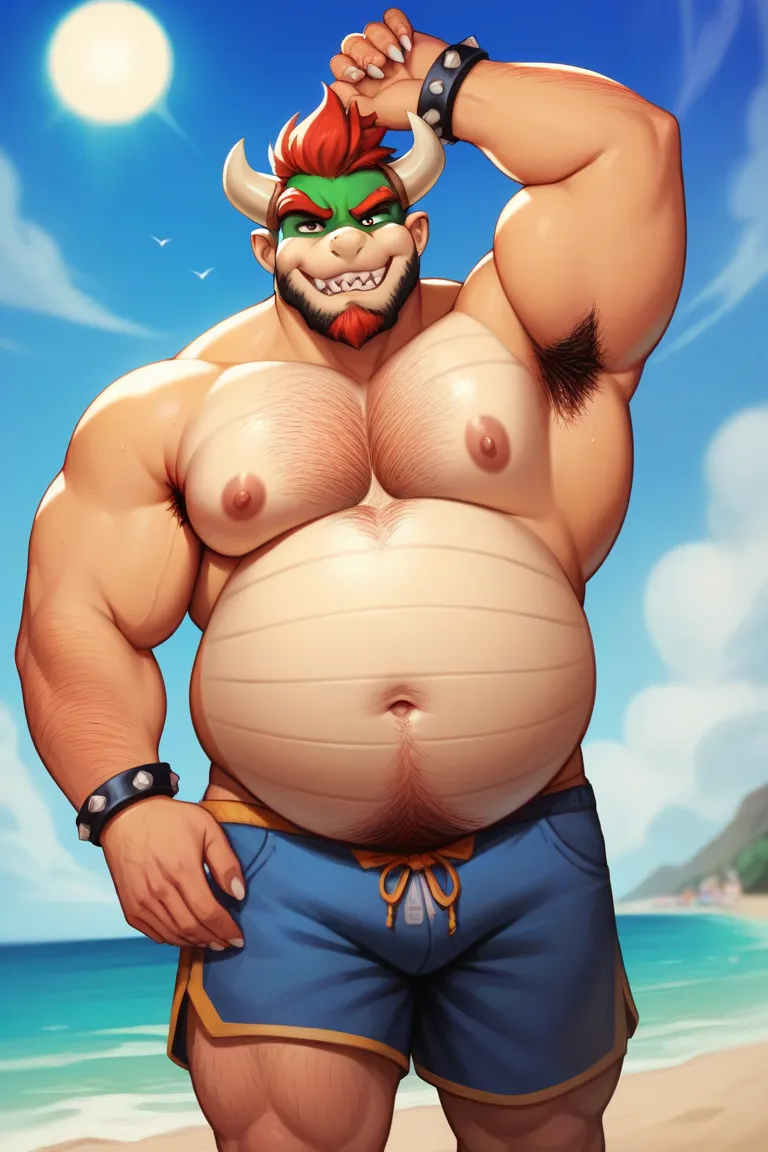 fat bowser from super Mario, with a thick beard and thick chest and abdomen body hair, hairy armpits, with beach shorts sitting at the beach, overweight, massive belly, vore, large massive stomach