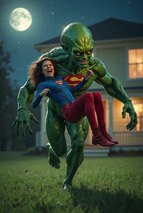 8k realistic ultra HDR A large, muscular, green alien is carrying a woman in a blue and red superhero costume, who is screaming, through a grassy yard in front of a house. The alien is in mid-stride, running, and has a fierce expression. The woman is light...