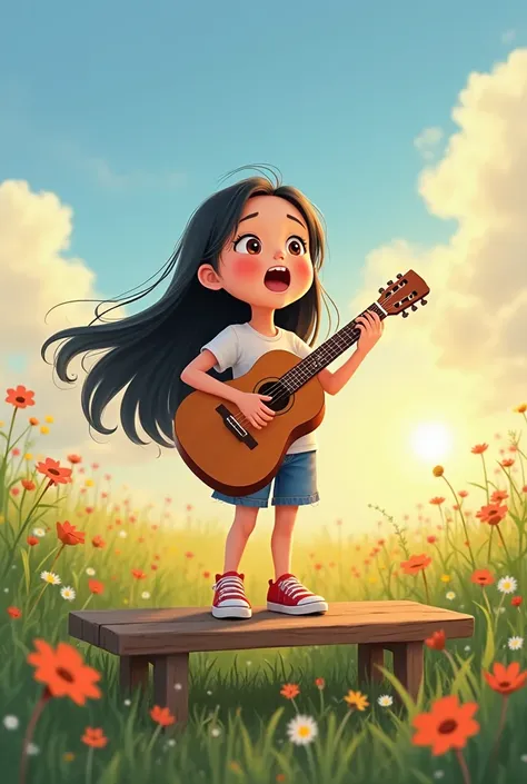 It's a picture of asian girl with black curvy long hair and a big round eyes, chubby cheeks and brown eyes wearing white tshirt with short jeans pant with red canvas shoe standing on a bench is playing guiter and singing a song in the meadow sun is setting...