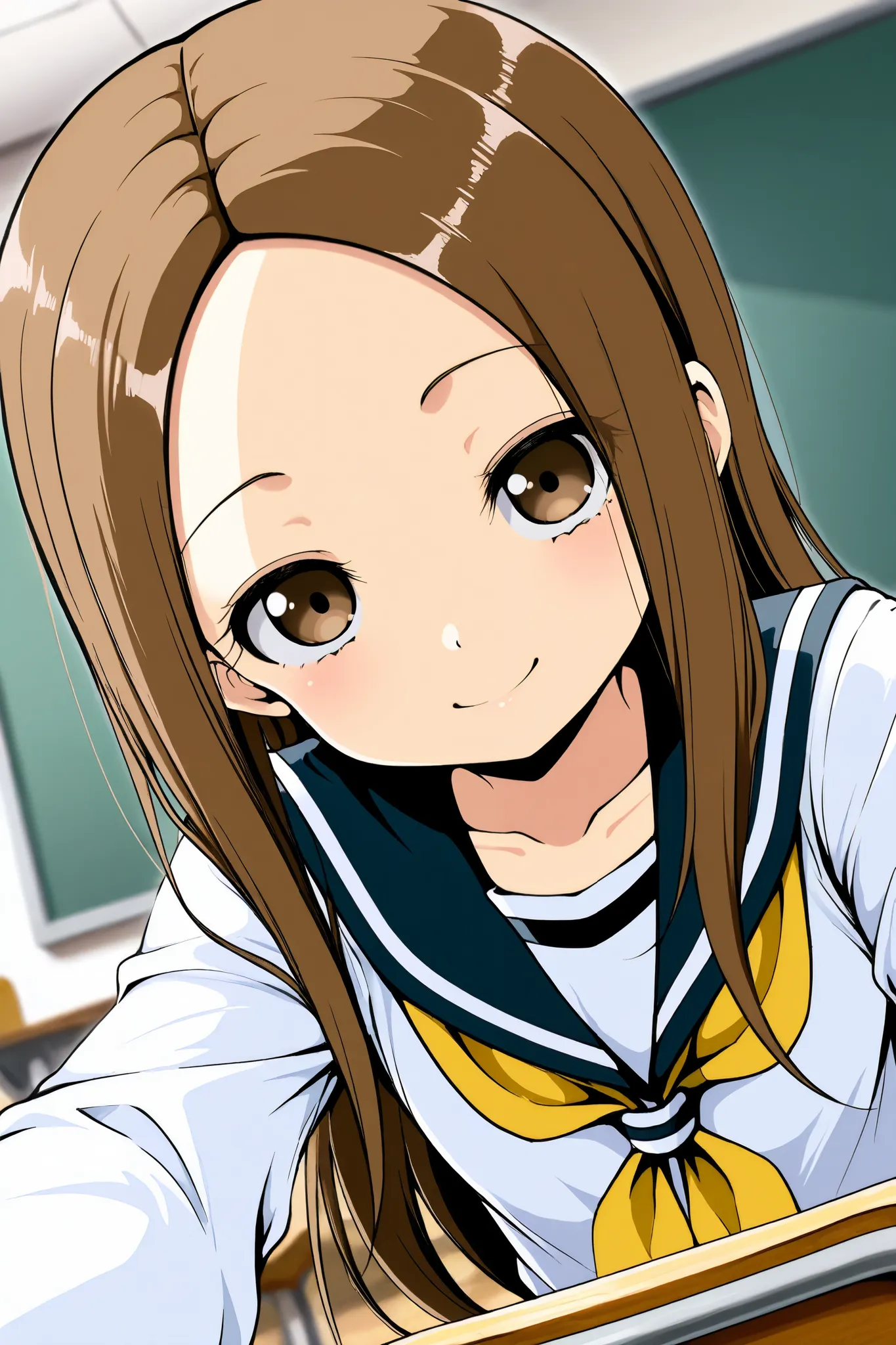 reia_kosu,1 female,solo,pretty,
takagi_san,

medium long hair,brown hair,split bangs,
brown eyes,collarbone,smile,
look at viewers,

brown eyes,big eyes,slant eyes,sleepy eyes,
long eyelashes,

extreme close-up under the chest,
low angle,
midium breast,loo...