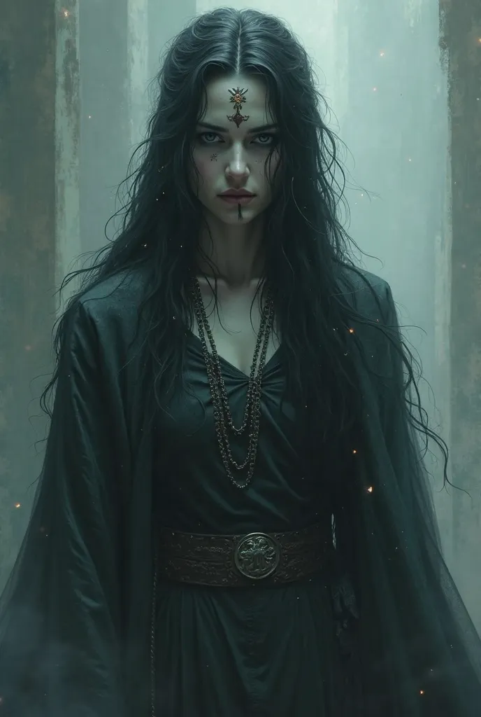 DND, Fanatsie, Ghostly appearance (spectral figure) of a woman, clad in noble clothing, long black hair, tribal face tattoo on the left side, in a gloomy environment, eyes are empty, mourning former warrior woman