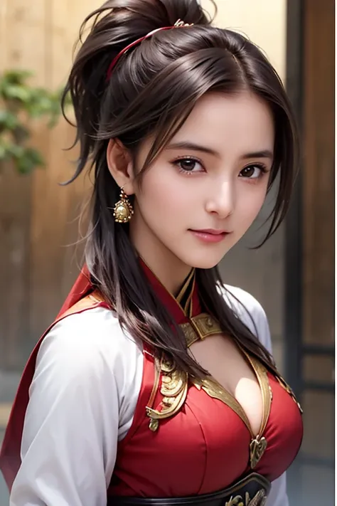 The upper body of a female warrior wearing red and gold armor and cloak, 1 person, cute ponytail ,Age 30, (((Real Face))), slightly larger breasts and cleavage,  reveal cleavage,Scary face,  very fine face and skin texture , is staring at the camera,   Chi...