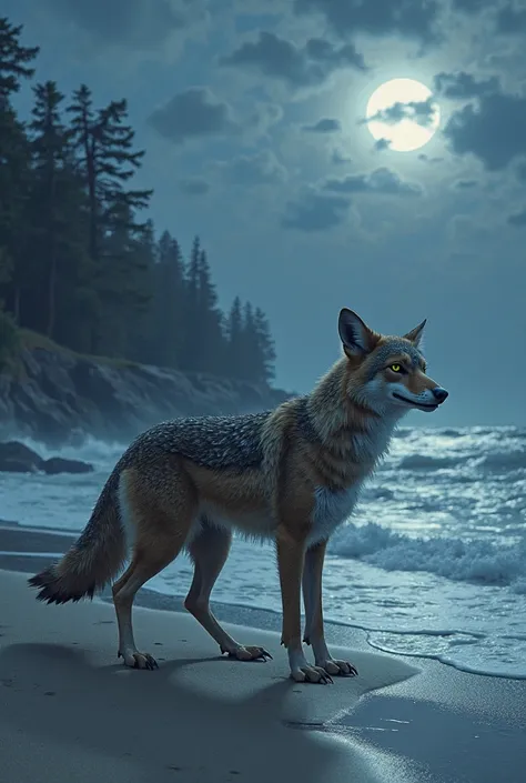 Draw a coyote, turning into a hawk on a beach at night, where they are near the tree line of the beach