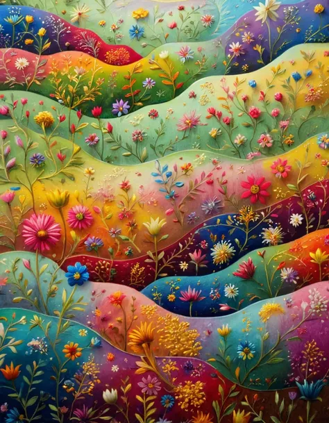 Close up of flower painting hanging on wall, mythical flower hill, ultra fine detail painting, intricate organic painting, herd of cows on background, beautiful landscape with flowers, colorful painting, fantastic flower field, an ultra fine detail paintin...