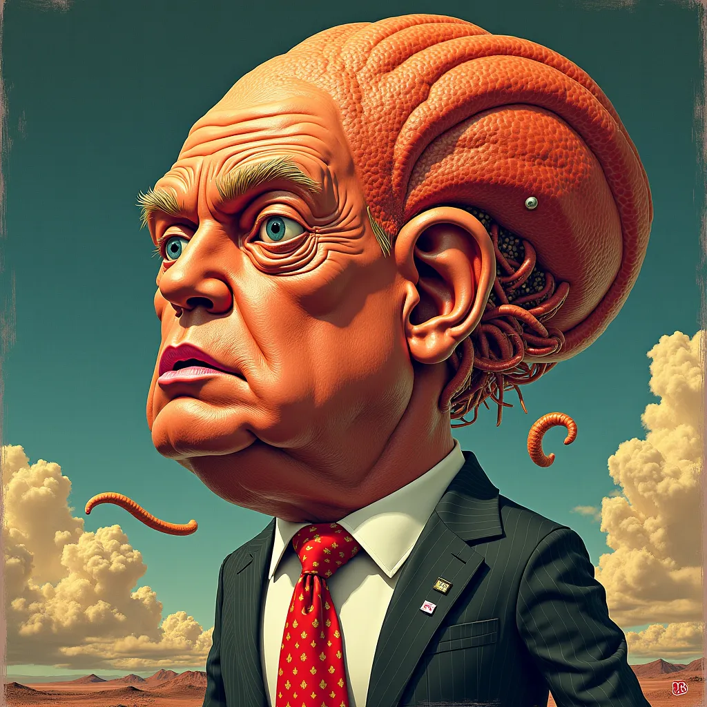 Donald Trump grotesque disgusting narcissistic fascist toxic bubble head egomaniac hyperdetailed intricate hyperoutlined futuristic sanguine OTHERWORLDLY whimsical vintage satirical reptilian annunaki overlord 