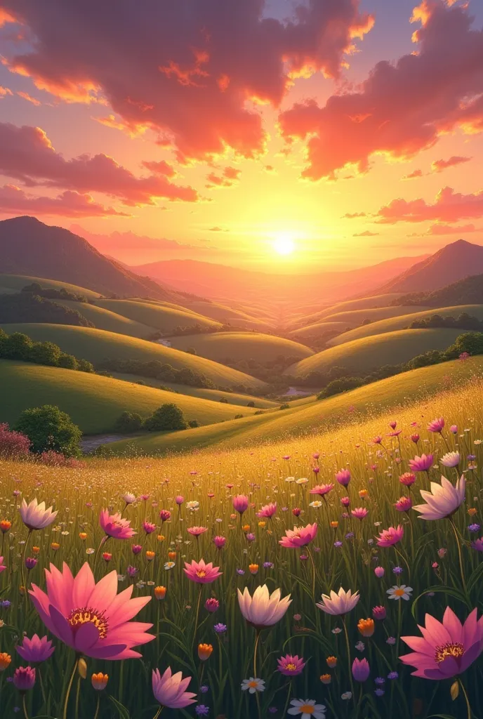 Sunset photo over the valley of spring flowers