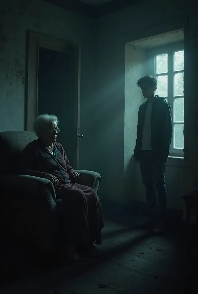 A dimly lit room with a mysterious atmosphere, walls covered in shadows. An elderly woman (74 years old) sits on a chair with a worried expression, while a young man (20 years old) stands near a window, gazing into the darkness. The air feels heavy, and th...