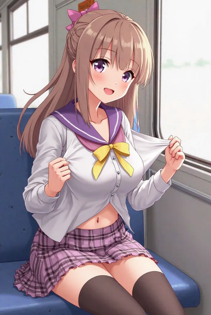 The scene is inside a Japanese suburb train. It depicts a fit Japanese woman of twenty-five years old, sitting in the train and wearing a light and dark purple plaid skirt, a buttoned white blouse with a purple collar and a yellow bow and thigh-high dark s...