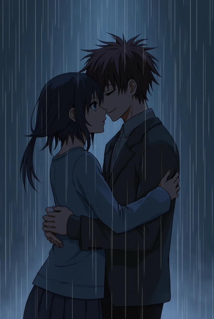 anime couple hugging in the rain with a dark background, a picture by Eizan Kikukawa, tumblr, romanticism, emotional picture, yandere, makoto shinkai and (cain kuga), sakimichan and makoto shinkai, ( ( makoto shinkai ) ), anime wallaper, hugging