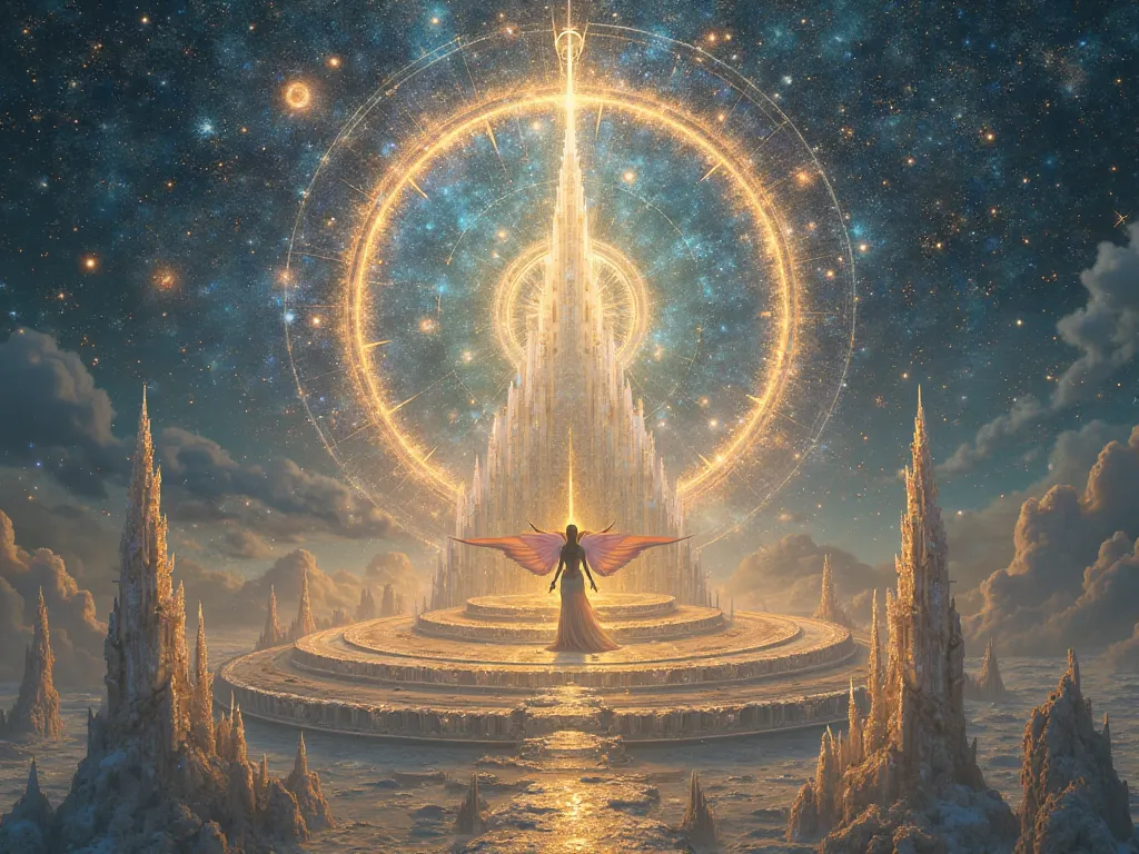 *"Beyond the edge of existence, where time and space collapse into infinity, lies the Celestial Nexus—an ethereal city floating above an ocean of stardust. Towering spires of crystalline energy rise into the heavens, each structure pulsating with the radia...