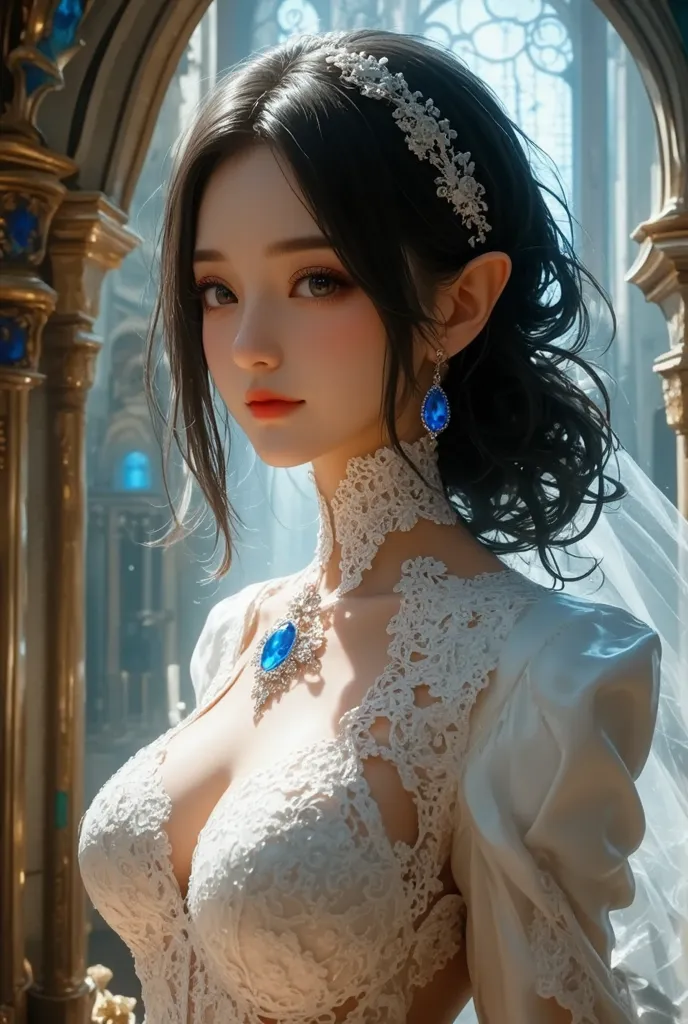  best quality , Super quality, 16k,  Unbelievably Absurd,  very detailed,  lovely photo,  delicate and dynamic,  Kiri Reina female,  seductive smile,  pure white wedding dress ,  great style , bouquet,  steampunk,  DIESEL PUNK ,  clock punk ,  cyberpunk, G...