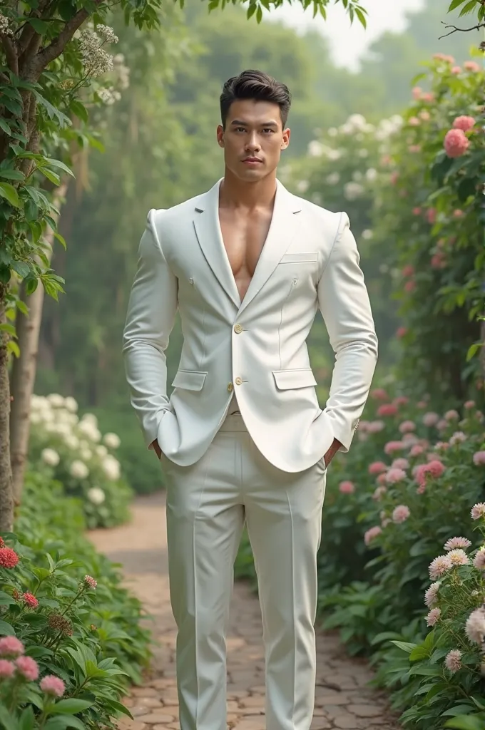 has a muscular and toned body、A white-skinned young man. in a garden in a white suit. Unu .