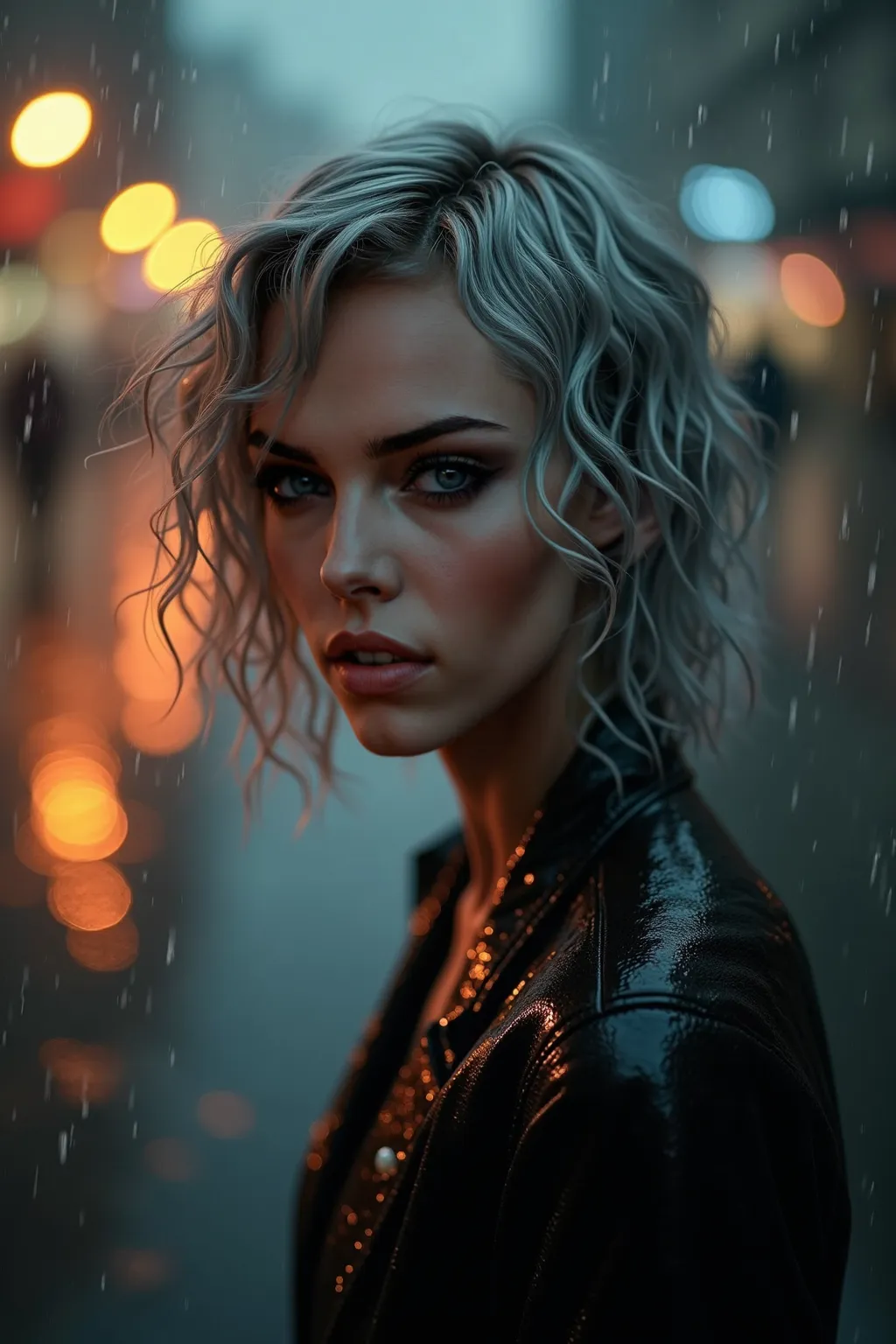 a beautiful young woman in black with short silver hair, in the style of textural layers, reefwave, light brown and light black, wet-on-wet blending, wavy, pop inspo, captivating gaze, dramatic cinematic lighting, photo realistic, cinematic, movie still, c...