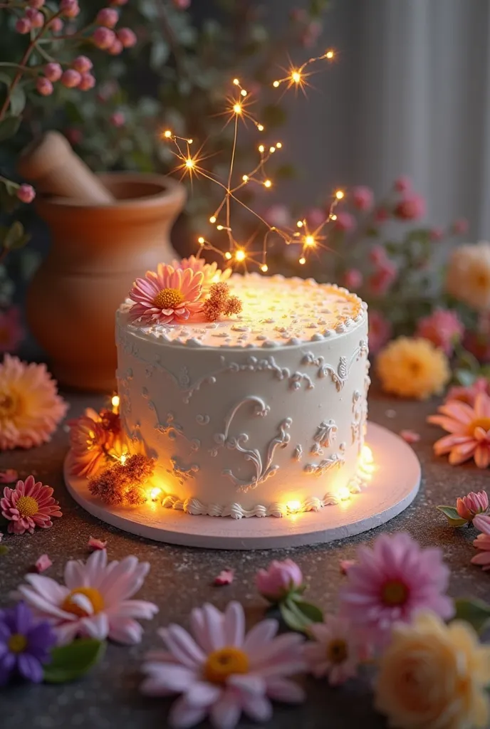 Generate anniversary cake image with fairy lights and flower and pestle colors by adding the names for Mausumi & Anup da