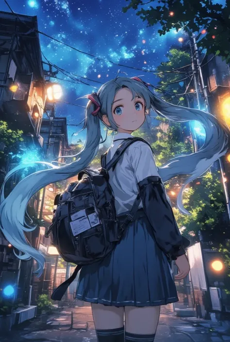 ( masterpiece、Highest quality、Highest quality、official art、 beautiful and beautiful :1.2)、(one girl:1.3) Hatsune Miku、twin tails from above,beautiful breasts, cute女の子,cute, Hatsune Miku,,Hachikyuji Midnight,backpack,School route, look back, popup