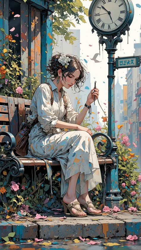 A high-resolution digital painting of a **pretty female** sitting gracefully on a **street bench**, dressed in a **delicate, elegant dress** that flows softly around her. She gazes at her **watch with quiet anticipation**, waiting for someone. A **large wa...