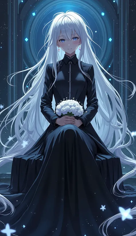 girl white messy very long hair , sparkly crystal white eyes , high technology , Wear a black dress empress , black shirt in suit , black long skirt , high resolution , sleepy face , Chill face , Tied up arms , holding white flowers bouquet , Read document...
