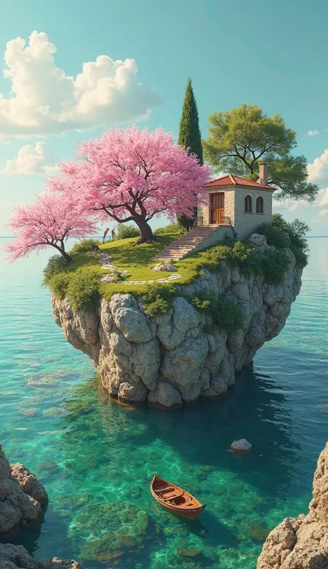 Prompt:
"A stunning, large floating island, gently hovering just above a deep, crystal-clear green ocean. The island is wide and welcoming, with rolling green hills, soft grassy meadows, and stone pathways winding through the landscape. The island is at a ...