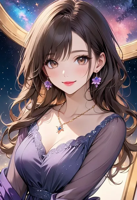 👩💖💖💓🌹 Perfect face , perfect style, Brown-black long hair , pink lips,  beautiful brown eyes, earrings, necklaces, purple sleeve dress,  look at me and smile,  perfect art , Night Sky, starry sky,  digital illustration art ,  anime illustration art, high i...