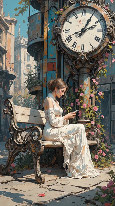 A high-resolution digital painting of a **pretty female** sitting gracefully on a **street bench**, dressed in a **delicate, elegant dress** that flows softly around her. She gazes at her **watch with quiet anticipation**, waiting for someone. A **large wa...