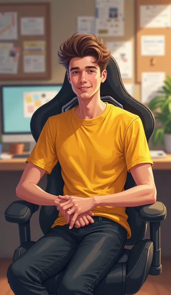 "Create a high-quality 2D digital illustration of an 18-year-old young man with a confident and attractive appearance. His facial features should be distinct and different from existing characters to ensure originality. His hairstyle should be stylish yet ...