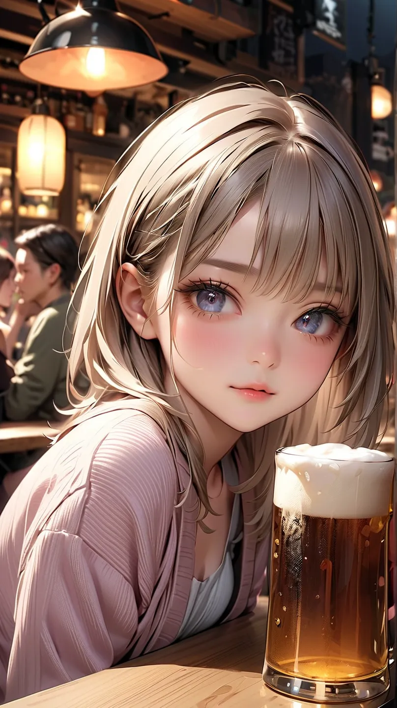  real 、 Hair、20 years old、(Highest quality), 4K, Hi-Res, masterpiece)、  ( small face:1.8, ),  beautiful eyes、Delicate eyebrows, Delicate eyelashes, Slim System、small breasts、Izakaya、sit、cardigan、Beer 、People behind、high image quality、Highest quality、 reali...