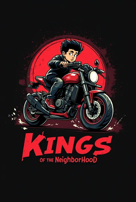 I want you to generate a logo for me that is a boy on a black and red mt09 and that says KINGS OF THE NEIGHBORHOOD