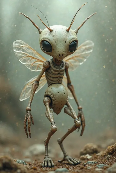 A small humanoid creature with very large eyes. Its arms resemble the arms of a praying mantis. It has a large abdomen. Insect wings. Antennae on the head. A long pointed head. Bald. 