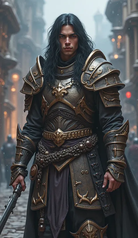 ((Hyperrealistic)) ((Photorealistic)) Young human Male with black long hair, full-body view from head to feet, he is a Warrior from the World of Warcraft unverse wielding a (Legendary 80 lvl two-handed Armageddon gratsword) in hand, he is a player at level...