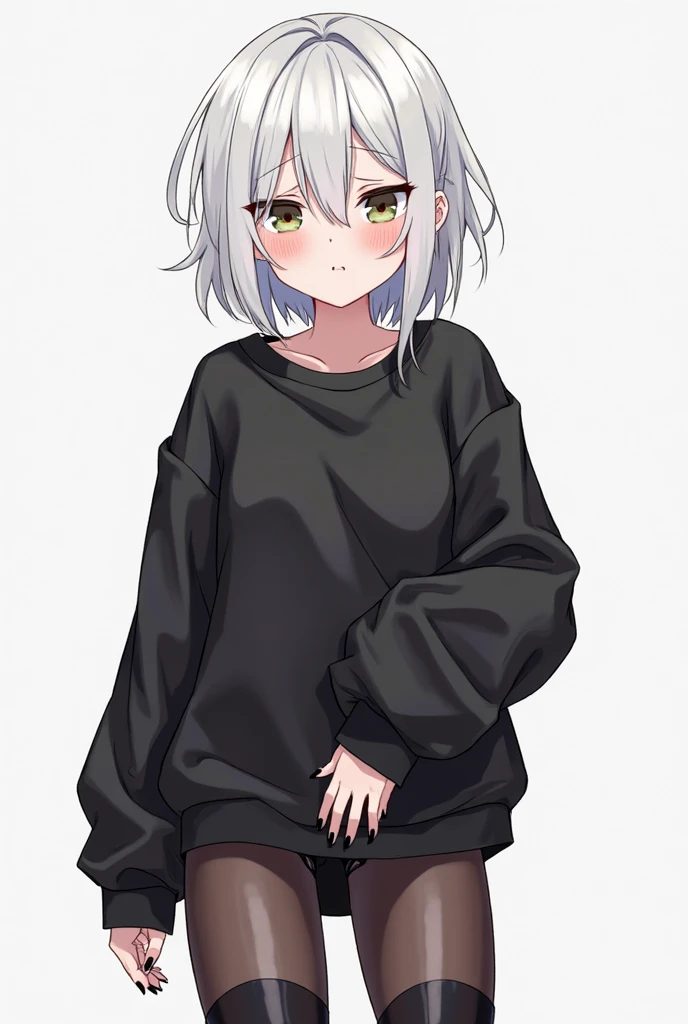 Anime Style,A small light-colored femboy,white hair,black stockings and black sweatshirt,white hair, nails painted black,wearing small underwear that barely covers his small erect penis that shines through his clothes,He has a sad face 