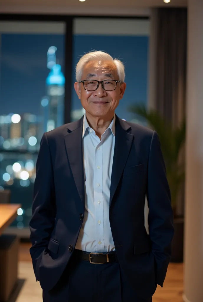 "A distinguished Korean man in his early 70s, with short silver hair and stylish glasses, exuding intelligence and wisdom. He is dressed in a tailored navy blazer over a white dress shirt, paired with well-fitted trousers. He stands in a modern, minimalist...