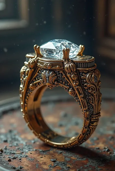 Generate pictures of heavy royal diamond ring for men which have pillers from bith sides and have a unique ancient look