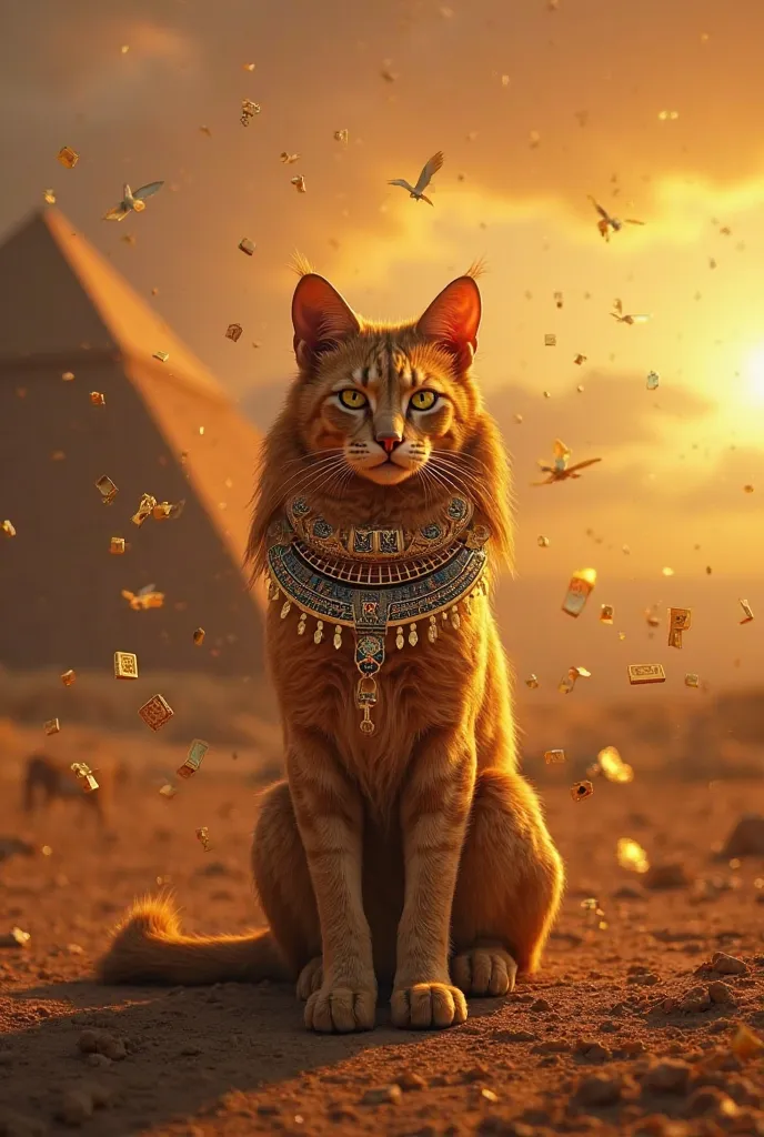 A sacred cat from Ancient Egypt, golden and majestic, sitting in front of pyramids at dusk, with shiny hieroglyphics floating around, hyperdetailed digital art style,  warm colors (ocher, dorado, negro), 4k,  epic perspective .