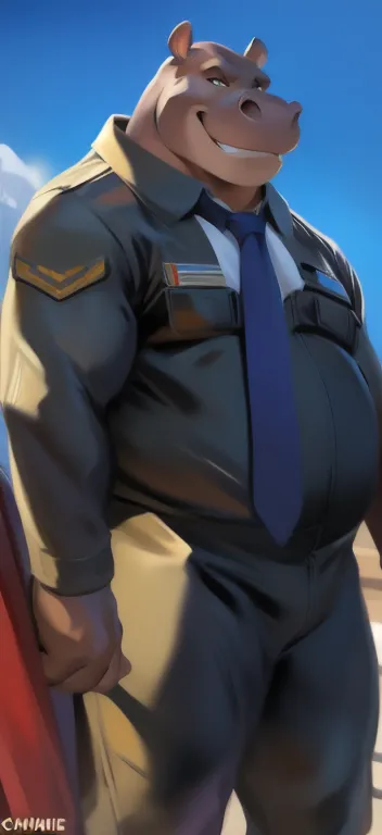   alone, male Tall, big body, stand Flying in the sky, sky, Hippo , The judge decided the case. ,  Blue​ Military​ Spacesuit​,   Overweight,   tie the muscles, smirking  ,by chunie  