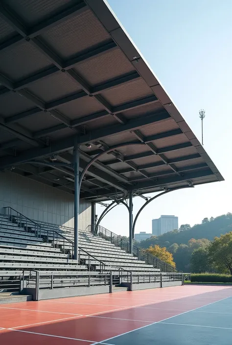 Draw me a hoki court with steel structure, the steel stucture is fully covered with metal deck. Round Column 24 pieces, curve rafter i-beam, side view, steel main column must be using round pipe