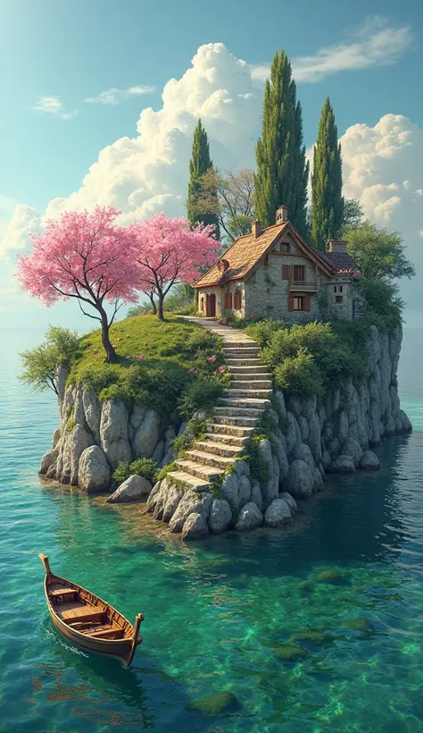 Prompt:
"A stunning, large  island, gently hovering just above a deep, crystal-clear green ocean. The island is wide and welcoming, with rolling green hills, soft grassy meadows, and stone pathways winding through the landscape. The island is at a comforta...