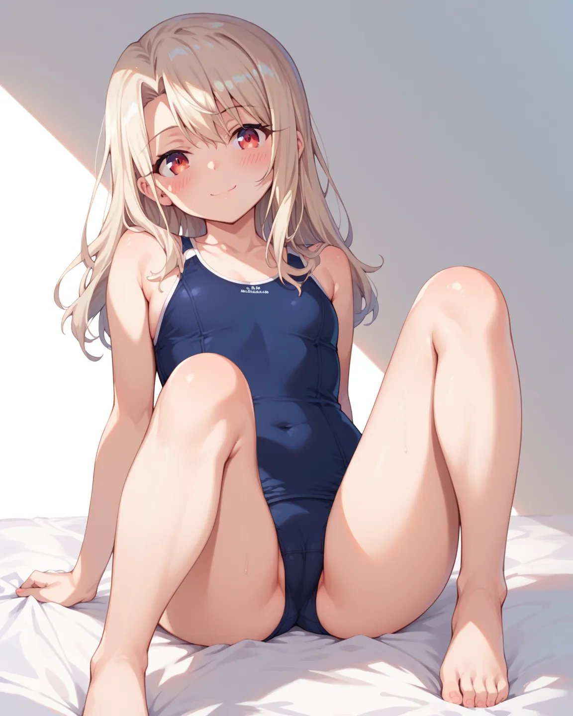 simple background, 1girl, Illyasviel von Einzbern, red eyes, blonde hair, blush, smile, closed mouth, navy blue cloth, swimsuit, one-piece swimsuit, camel toe, イリヤ,