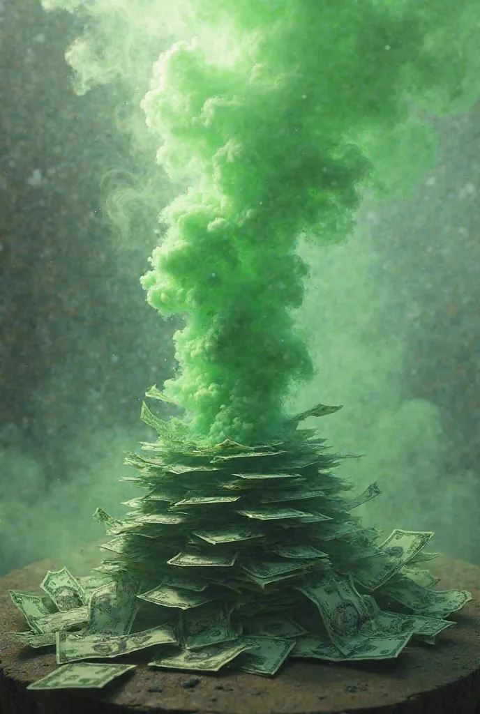 An artwork of a bunch of bills is evaporating. The water vapor is color green leading to a large cloud of money