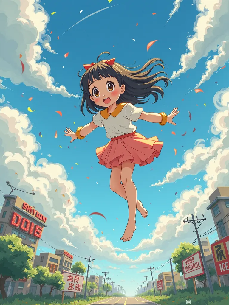 An anime illustration of a cute girl fluttering through the sky after being blown by the most ridiculous number of strong winds in spring、In the world below, building signs etc. are blown away by strong winds、