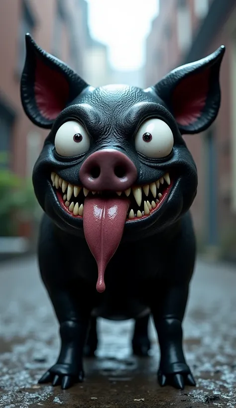 A black, gooey pig with sharp white teeth and a long, slimy tongue like Venom.

The pig should have big, menacing white eyes and a creepy but adorable look.

The background could be a dark alley with a sinister vibe.