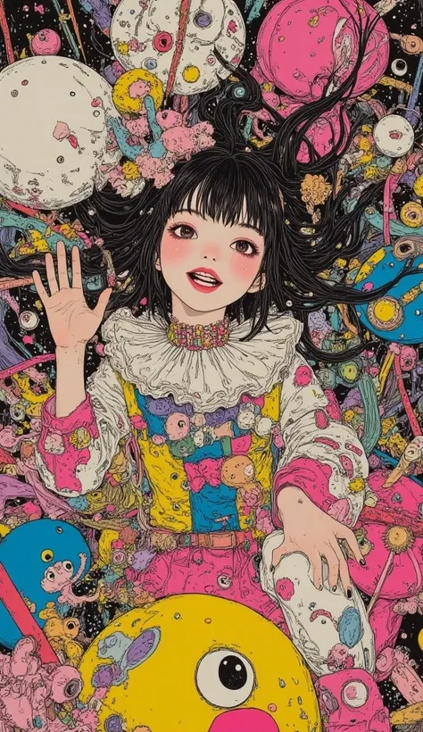    Tim Burton Style、circus clown girl、 dynamic composition、Lively decorations、Anime style、