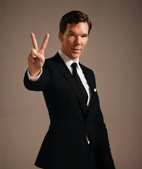 BenedictCumberbathExl, closeup, 1970's lighting, dark lighting, black grayish background, masterpiece, handsome, realism, black suit above white uniform, black tie, blushing, peace sign